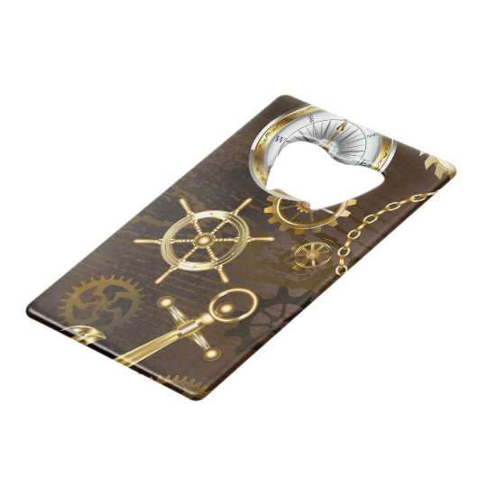 Houten achtergrond met mechanisch zeepaardje creditkaart flessenopener (Voorkant Gekanteld)