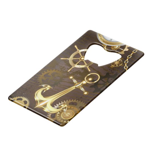 Houten achtergrond met mechanisch zeepaardje creditkaart flessenopener (Achterkant Gekanteld)