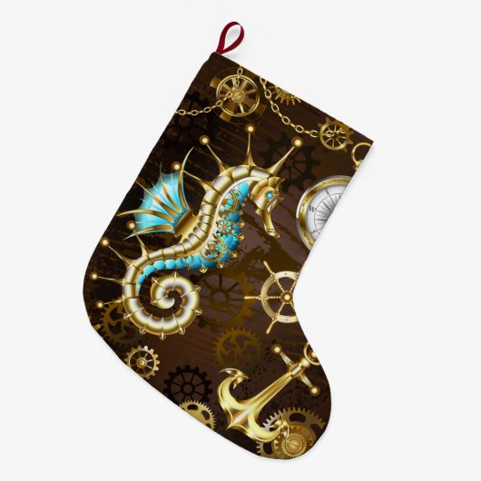 Houten achtergrond met mechanisch zeepaardje grote kerstsok (Voorkant (Hangend))