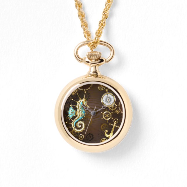 Houten achtergrond met mechanisch zeepaardje horloge (Voorkant)