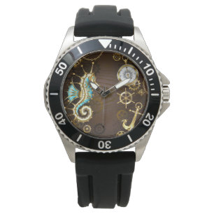 Houten achtergrond met mechanisch zeepaardje horloge