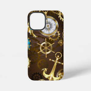 Houten achtergrond met mechanisch zeepaardje iPhone 12 mini hoesje