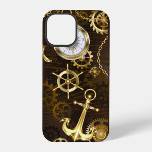 Houten achtergrond met mechanisch zeepaardje iPhone 12 pro hoesje