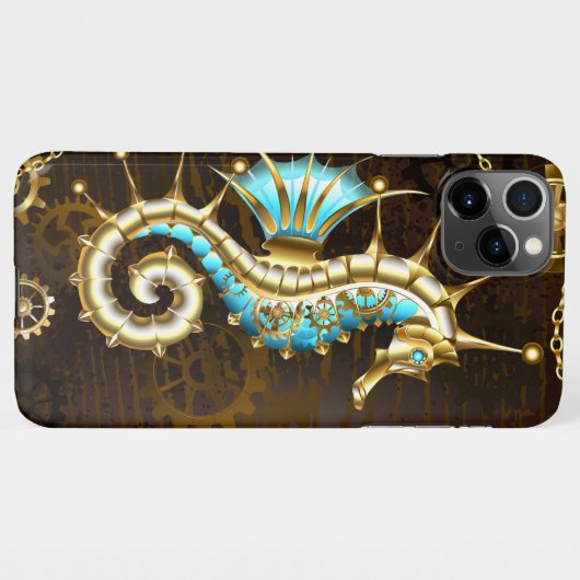 Houten achtergrond met mechanisch zeepaardje iPhone hoesje (Achterkant horizontaal)