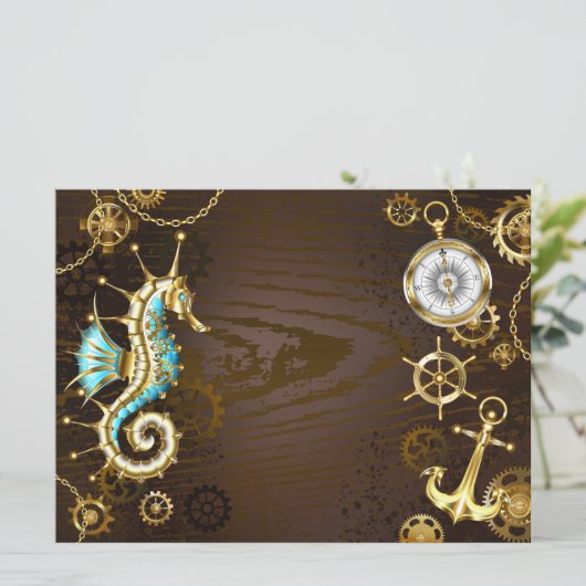 Houten achtergrond met mechanisch zeepaardje kaart (Staand voorkant)