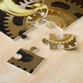 Houten achtergrond met mechanisch zeepaardje legpuzzel (Zijkant)