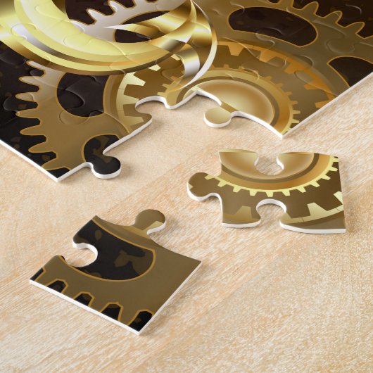 Houten achtergrond met mechanisch zeepaardje legpuzzel (Zijkant)