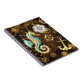 Houten achtergrond met mechanisch zeepaardje notitieboek (Rechterzijde)