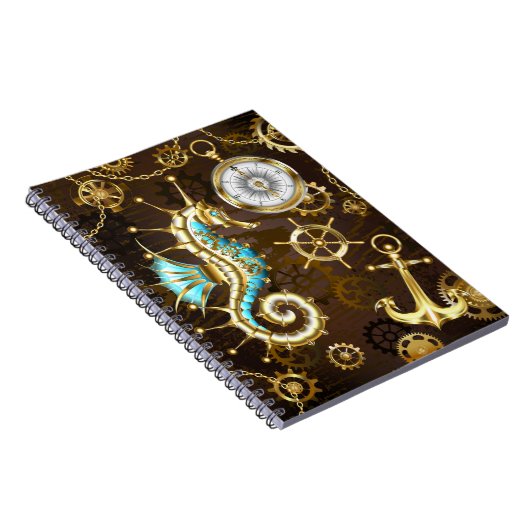 Houten achtergrond met mechanisch zeepaardje notitieboek (Rechterzijde)