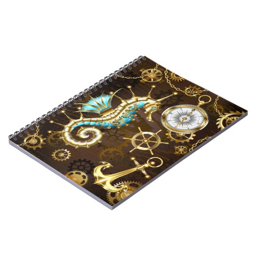 Houten achtergrond met mechanisch zeepaardje notitieboek (Linkerzijde)