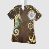 Houten achtergrond met mechanisch zeepaardje ornament (voorkant)