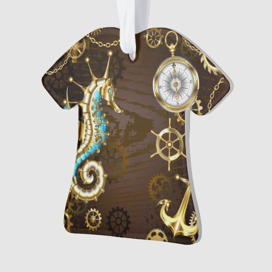 Houten achtergrond met mechanisch zeepaardje ornament (voorkant)