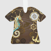 Houten achtergrond met mechanisch zeepaardje ornament (achterkant)