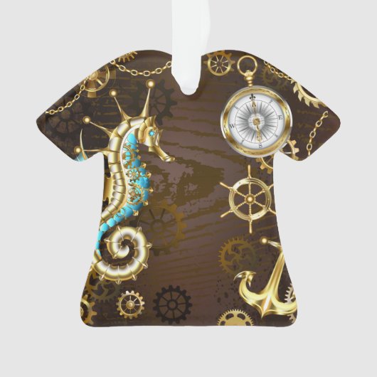 Houten achtergrond met mechanisch zeepaardje ornament (voorkant)