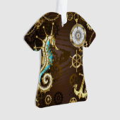 Houten achtergrond met mechanisch zeepaardje ornament (voorkant)