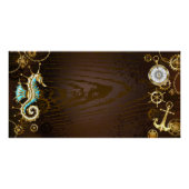 Houten achtergrond met mechanisch zeepaardje perfect poster (Voorkant)