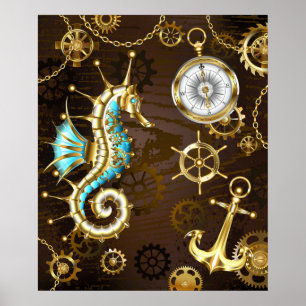Houten achtergrond met mechanisch zeepaardje poster