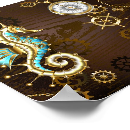 Houten achtergrond met mechanisch zeepaardje poster (Hoek)