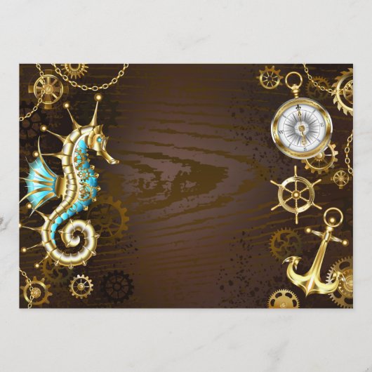 Houten achtergrond met mechanisch zeepaardje programmakaart (Voorkant)