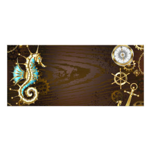 Houten achtergrond met mechanisch zeepaardje reclamekaart