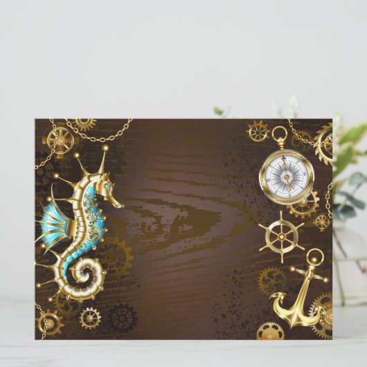 Houten achtergrond met mechanisch zeepaardje save the date (Staand voorkant)