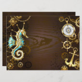 Houten achtergrond met mechanisch zeepaardje save the date (Voorkant / Achterkant)