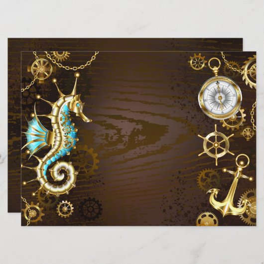 Houten achtergrond met mechanisch zeepaardje save the date (Voorkant / Achterkant)