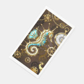 Houten achtergrond met mechanisch zeepaardje servet (Hoek)