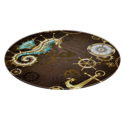 Houten achtergrond met mechanisch zeepaardje snijplank (Hoek)