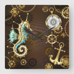 Houten achtergrond met mechanisch zeepaardje vierkante klok