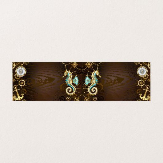 Houten achtergrond met mechanisch zeepaardje visitekaartje (Buitenkant ongevouwen)