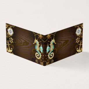 Houten achtergrond met mechanisch zeepaardje visitekaartje