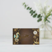 Houten achtergrond met mechanisch zeepaardje visitekaartje (Staand voorkant)