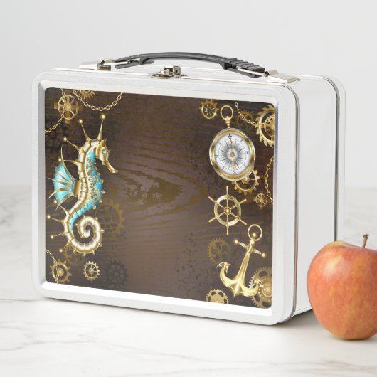 Houten achtergrond met mechanische zeepaard (In situ)