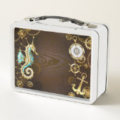 Houten achtergrond met mechanische zeepaard (Achterkant)