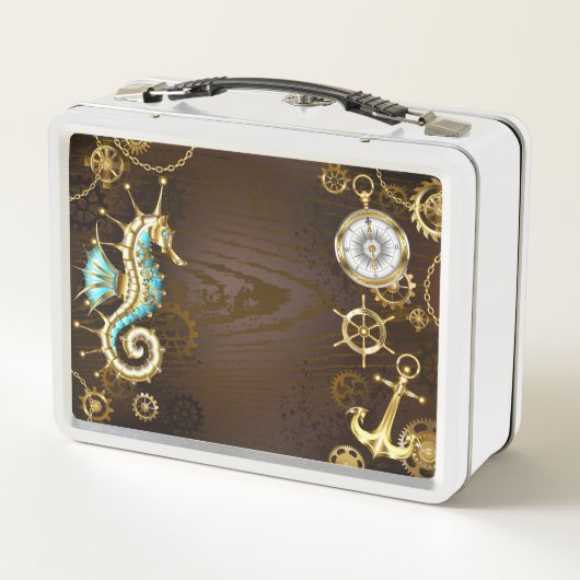 Houten achtergrond met mechanische zeepaard (Achterkant)