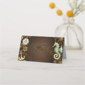 Houten achtergrond met mechanische zeepaard afsprakenkaart (Achterkant)