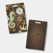 Houten achtergrond met mechanische zeepaard badge (Voor- en achterkant)