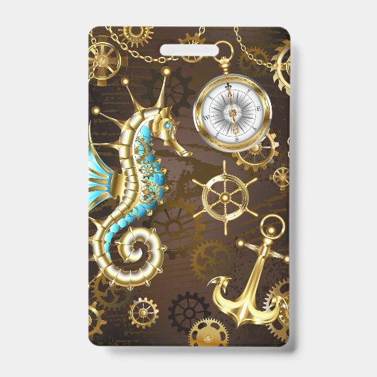 Houten achtergrond met mechanische zeepaard badge (Voorzijde)