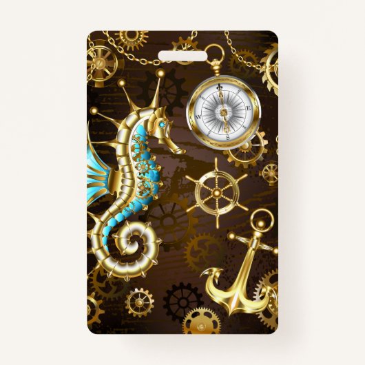 Houten achtergrond met mechanische zeepaard badge (Voorkant)