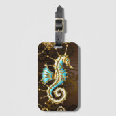 Houten achtergrond met mechanische zeepaard bagagelabel (Voorkant (verticaal))