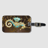 Houten achtergrond met mechanische zeepaard bagagelabel (Voorkant (horizontaal))