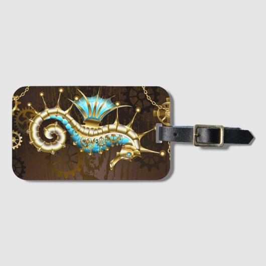 Houten achtergrond met mechanische zeepaard bagagelabel (Voorkant (horizontaal))