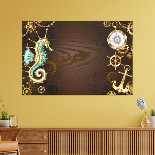 Houten achtergrond met mechanische zeepaard canvas afdruk (Insitu (Woonkamer))