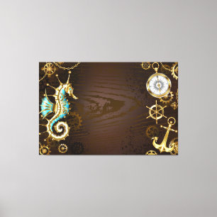 Houten achtergrond met mechanische zeepaard canvas afdruk