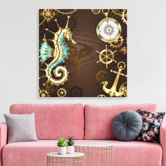 Houten achtergrond met mechanische zeepaard canvas afdruk (Insitu (Woonkamer))