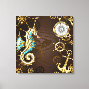 Houten achtergrond met mechanische zeepaard canvas afdruk