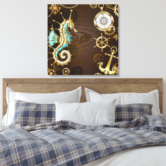 Houten achtergrond met mechanische zeepaard canvas afdruk (Insitu (Slaapkamer))