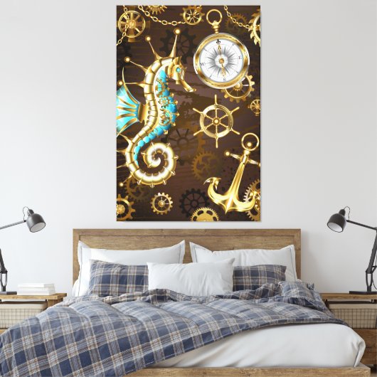 Houten Achtergrond met Mechanische Zeepaard Canvas Afdruk (Insitu (Slaapkamer))