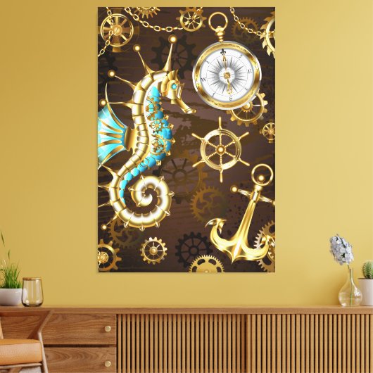 Houten Achtergrond met Mechanische Zeepaard Canvas Afdruk (Insitu (Woonkamer))